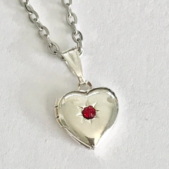 Vintage Silver Heart Locket Necklace Dainty Small Charm 18" Plated Red Stone - Picture 3 of 10